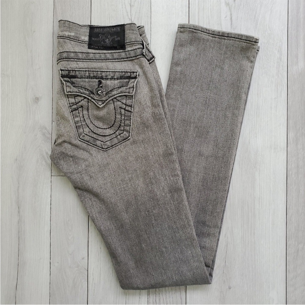 True Religion Billy Gray Straight Leg Jeans Womens Low Rise Distressed Wash